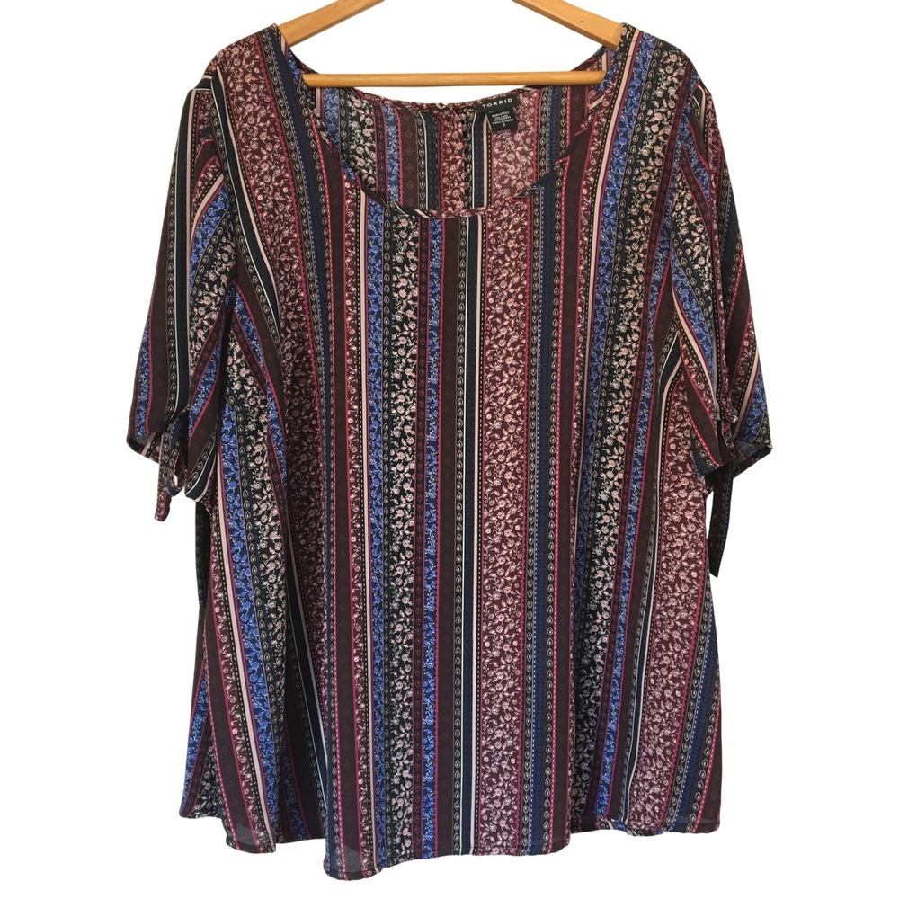 Torrid Boho Stripe‎ Floral Print Blouse Top Shirt Burgundy Blue Women Size 3